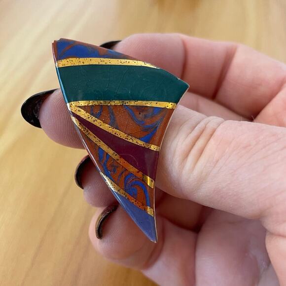 Vintage 80s earrings enamel gold green purple red triangle - Picture 2 of 6